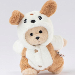 Медведь Lina TeddyTales, в костюмчике Щенка, молочный, брелок, XS, 15 см